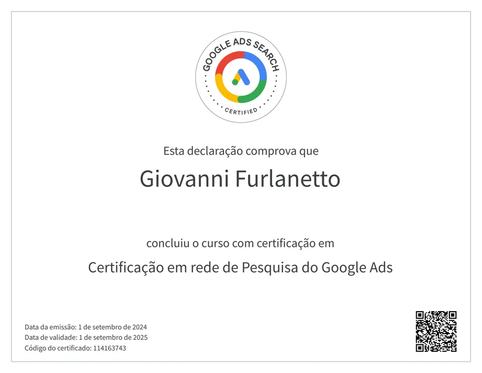 Certificação em Rede de Pesquisa do Google Ads, Giovanni Furlanetto