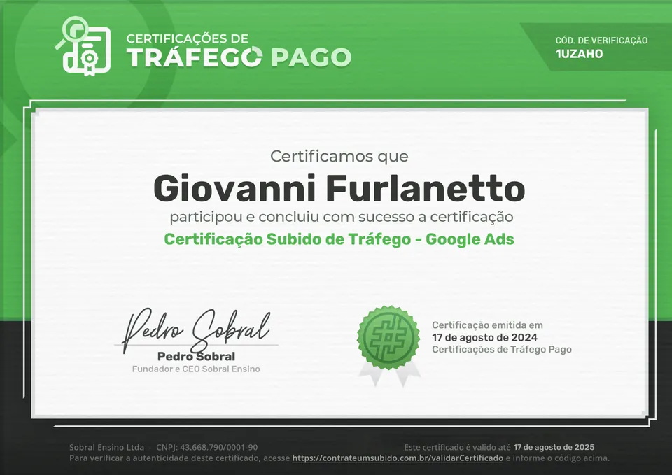 Certificação Subido de Tráfego, Google Ads, Giovanni Furlanetto